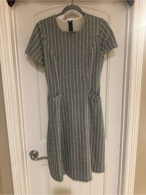 Roolee Gray and White Pinstripe Short Sleeve Sheath Nursing Dress